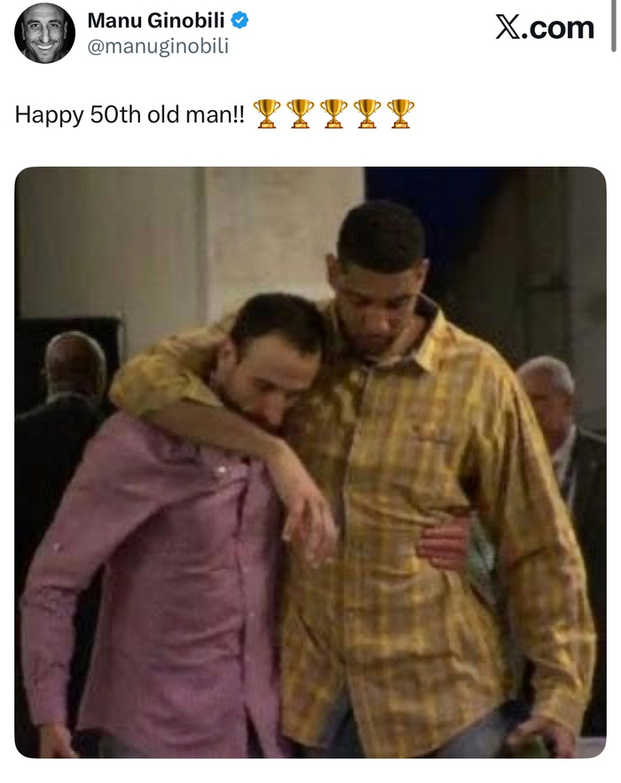 马努社交媒体祝贺邓肯50岁生日 重温30岁合影回忆